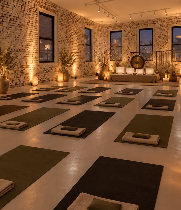 A candlelit loft set with mats, a gong and singing bowls for an evening sound bath