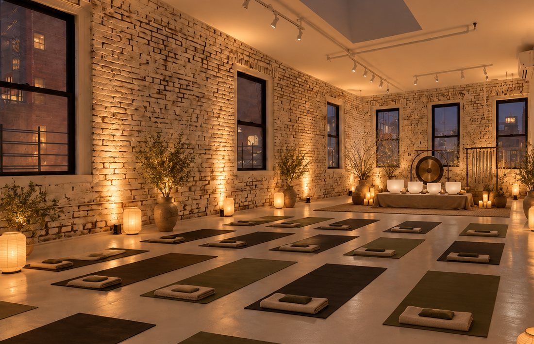 A candlelit city loft set for an evening sound bath, with mats, gong and crystal bowls