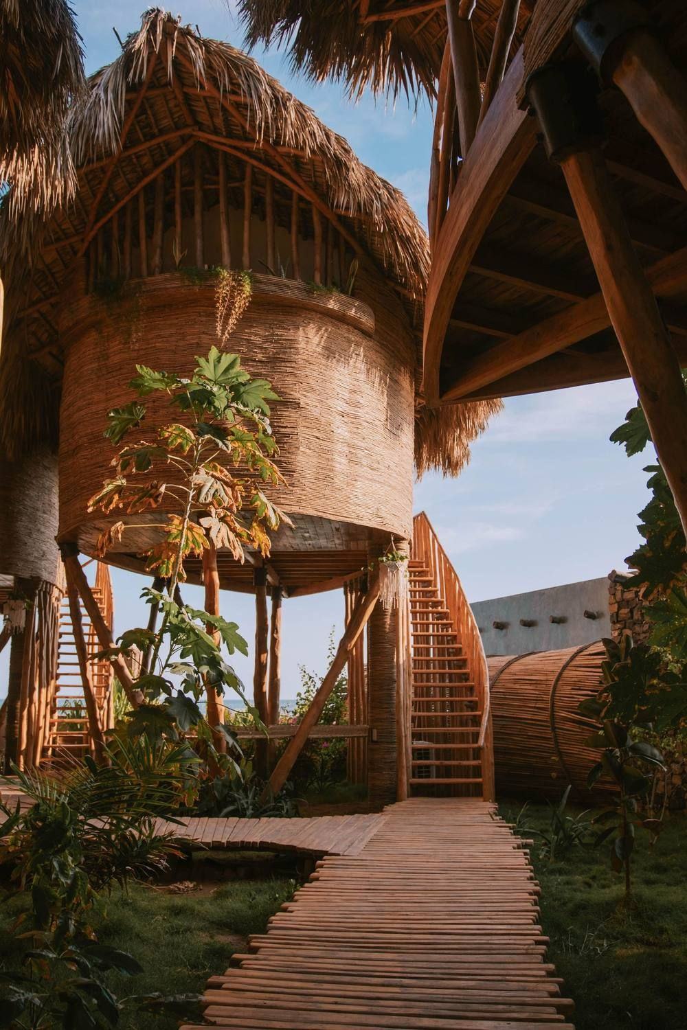 A thatched jungle treehouse at Mizata, reached by a wooden boardwalk
